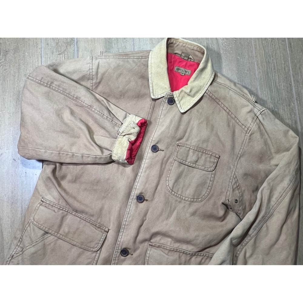 Ruff Hewn Mens Tan vintage Canvas Barn Chore Jacket Corduroy Collar Red Lining M